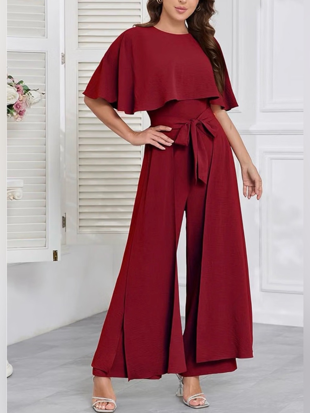 Elegant Women's Burgundy Wide-Leg Jumpsuit with Cape